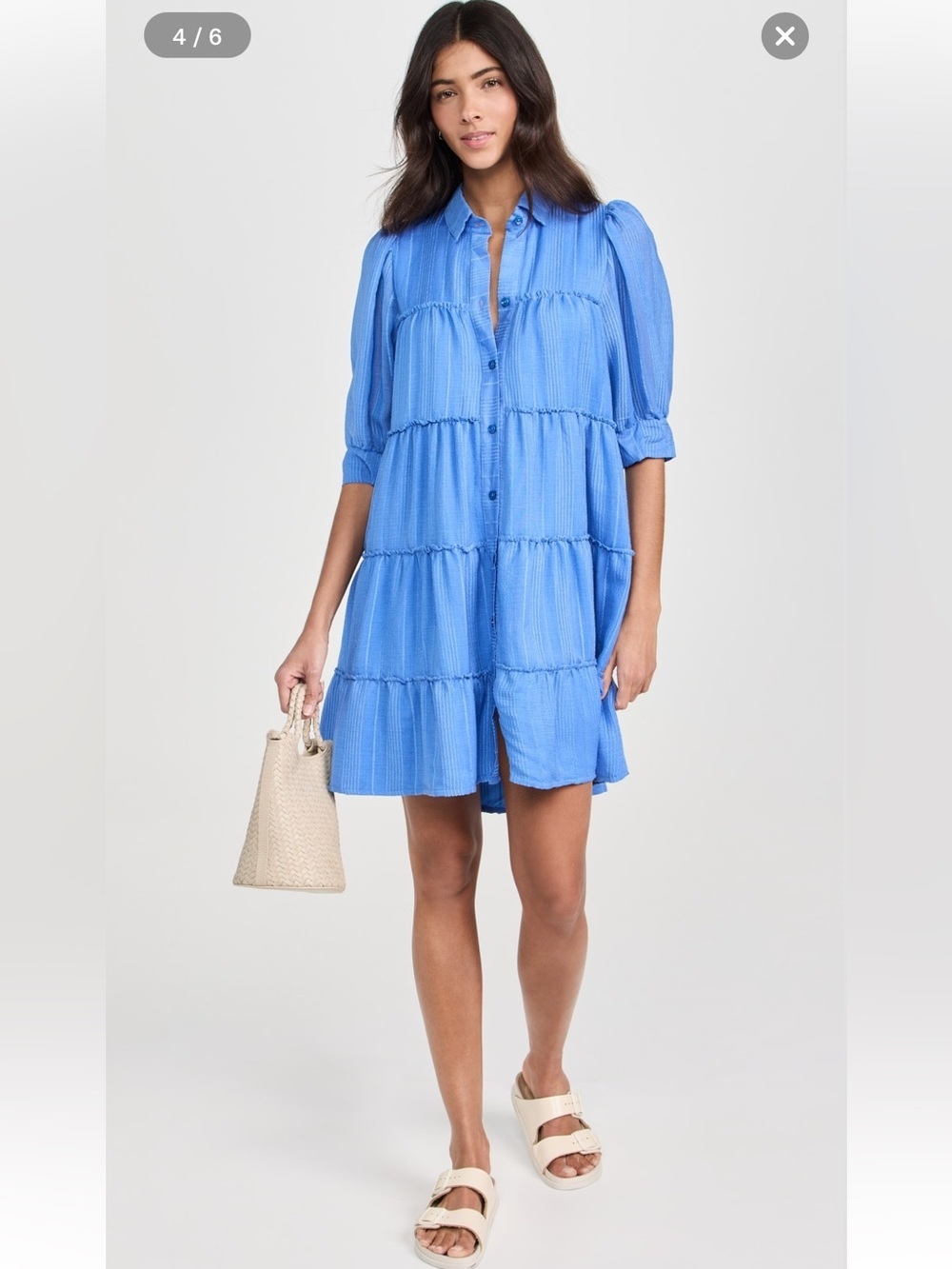 Peixoto Lola Tiered Blue Textured Stripe Puff Sleeve Mini Dress - Size Small
